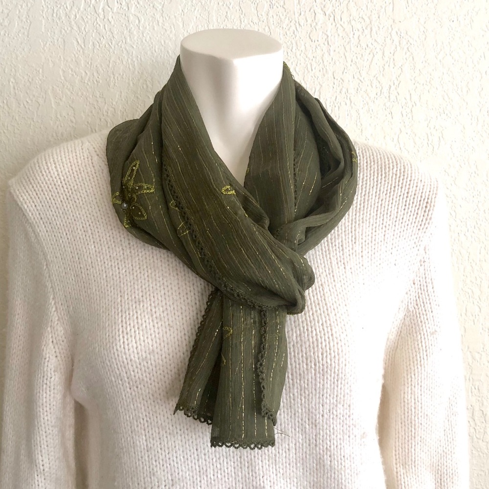 NWOT Floral embroidered sheer silk scarf